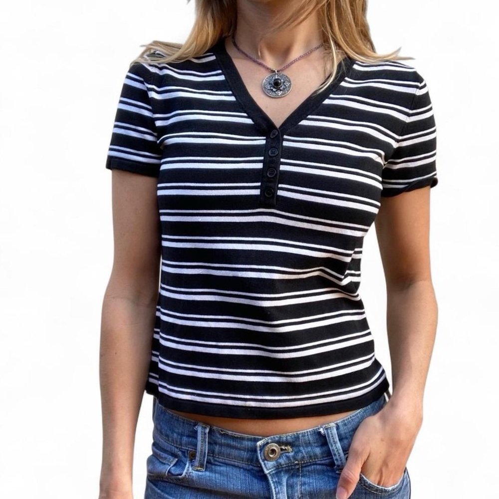 Silk blend black & white striped cropped baby tee